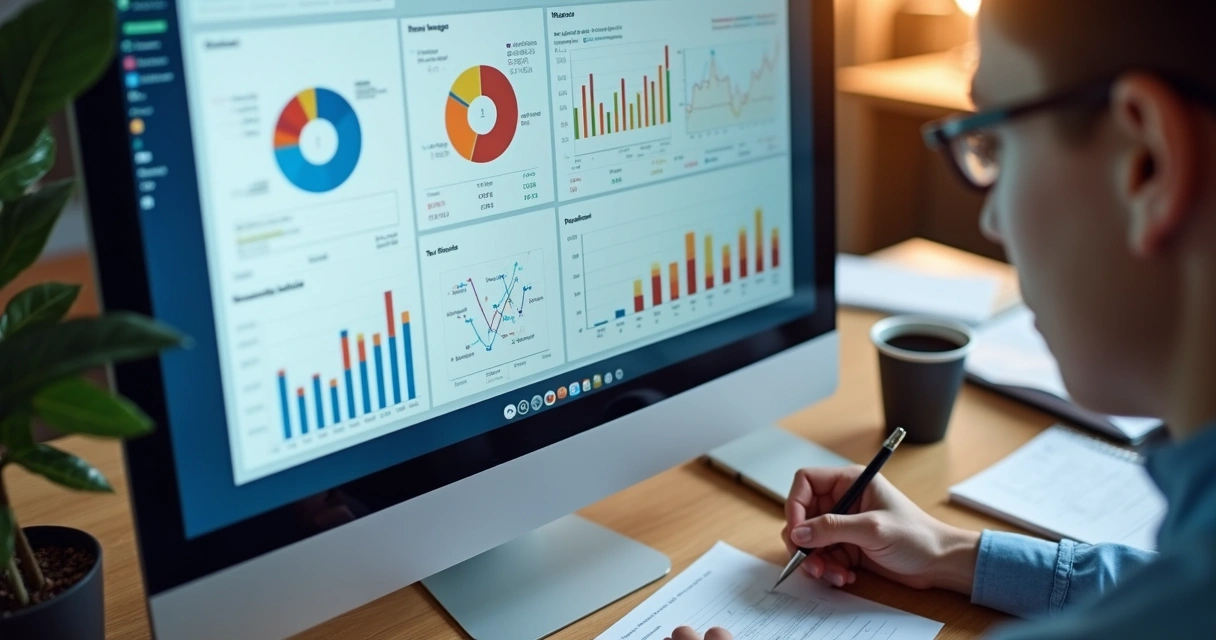 Dashboard colorido com gráficos e indicadores de marketing digital 