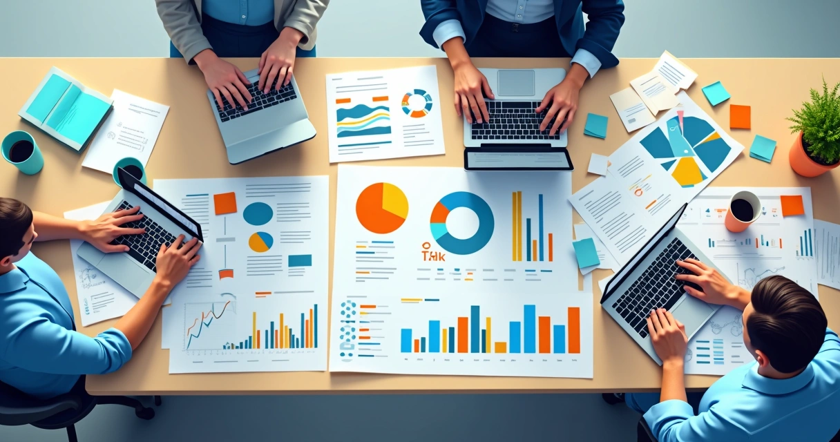 Visão superior de um dashboard de marketing com gráficos coloridos em tela, tablets e pessoas trabalhando. 