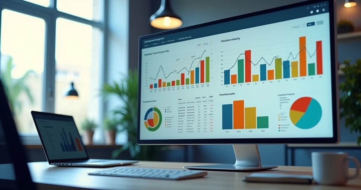 Tela de dashboard de marketing exibindo gráficos coloridos e métricas de vendas em ambiente de escritório moderno 