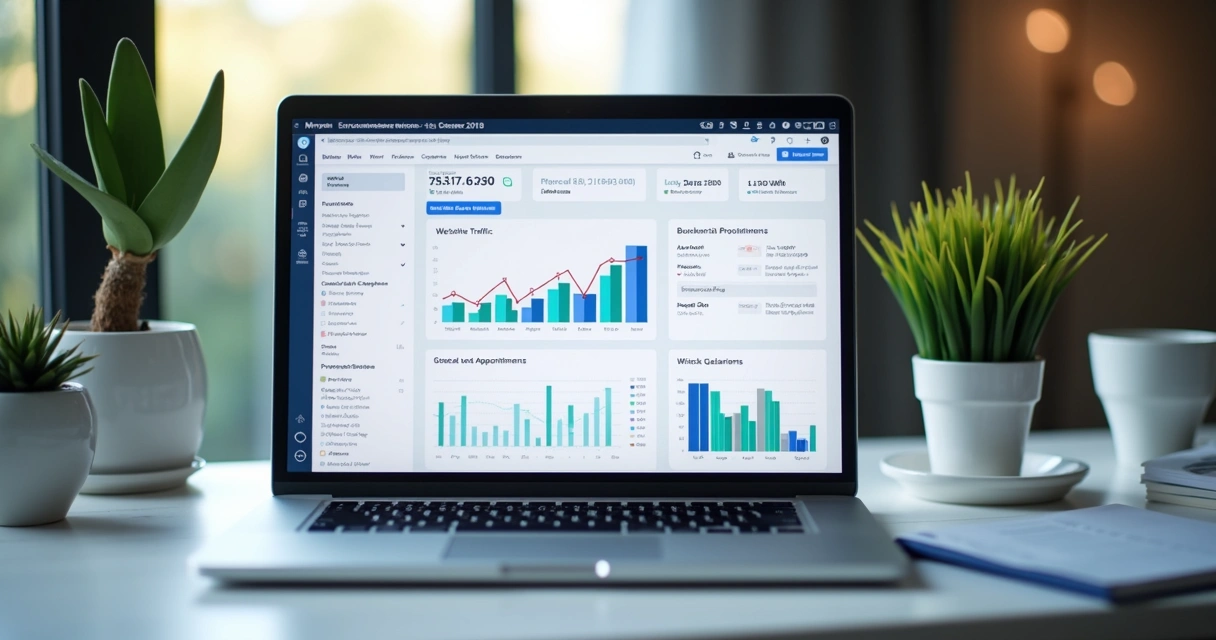 Dashboard de marketing digital de clínica médica em tela de notebook com gráficos de acessos e agendamentos 