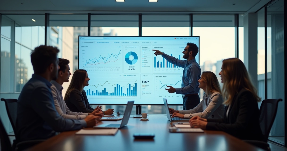 Equipe analisando dashboard de marketing digital em uma reunião