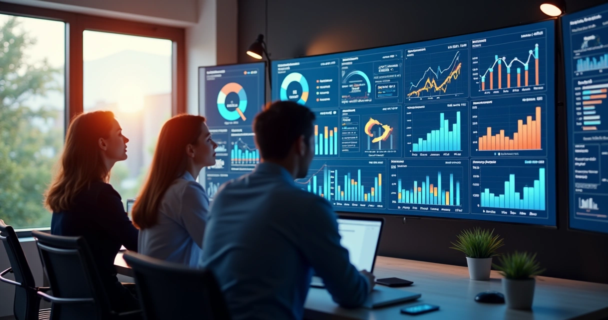 Dashboard de marketing empresarial com gráficos, metas e indicadores destacados 