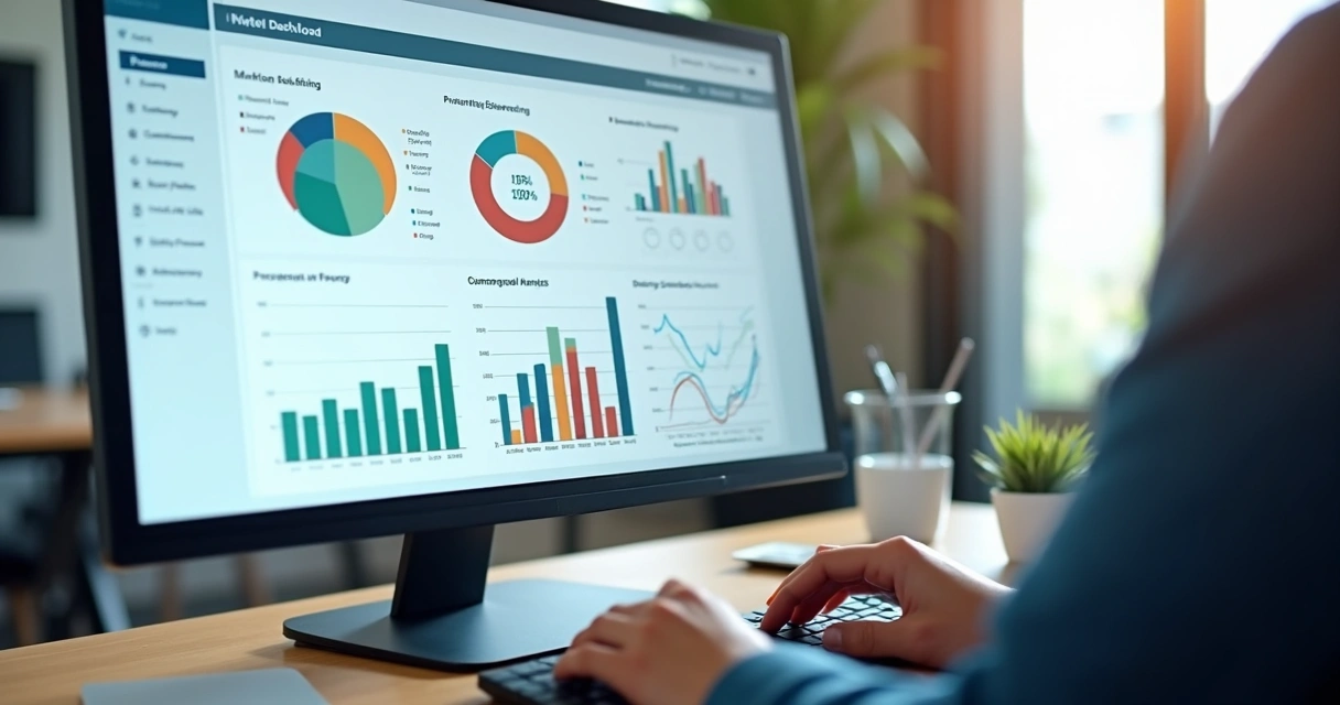 Dashboard de marketing hoteleiro com gráficos de desempenho em tela ampla 