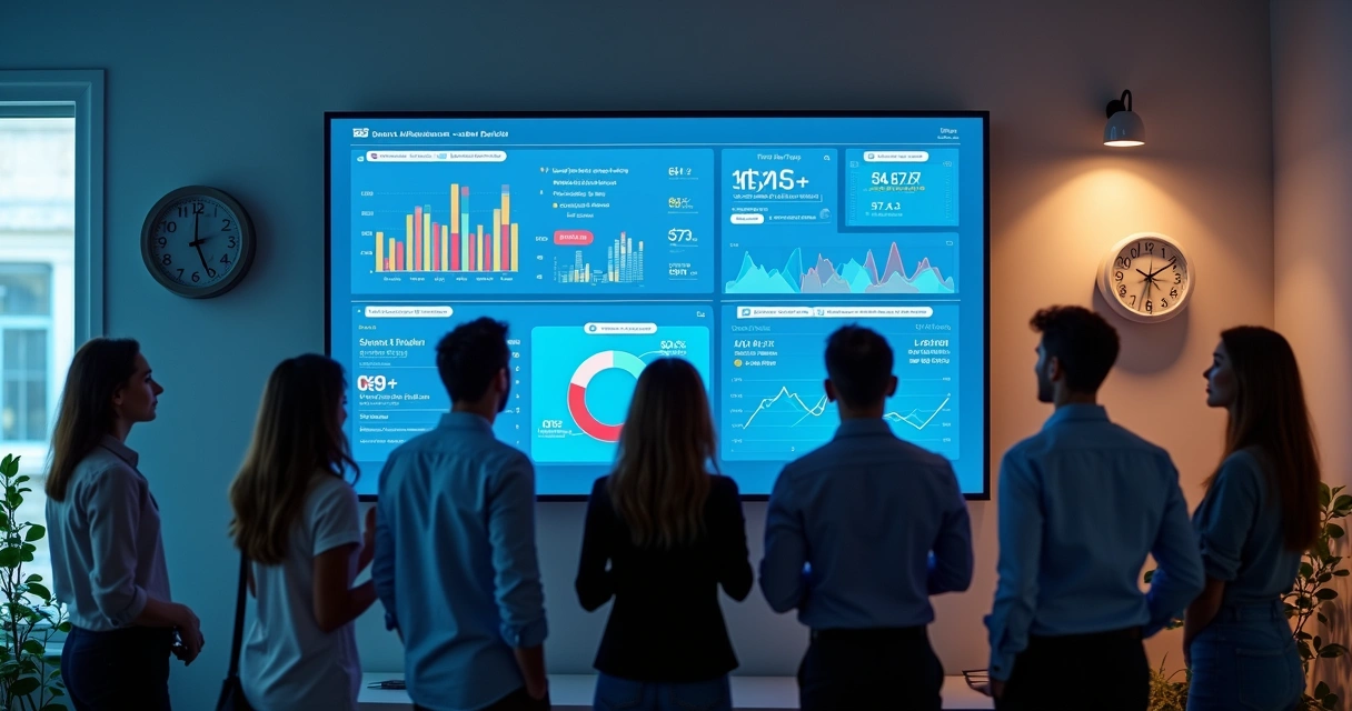 Equipe de marketing monitorando dashboard com métricas de SEO e agendamentos 