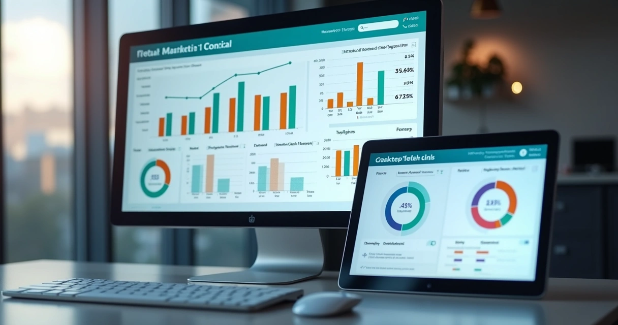 Dashboard digital com gráficos e métricas de marketing para clínica odontológica, telas de computador e tablet destacando funil e retorno de pacientes 