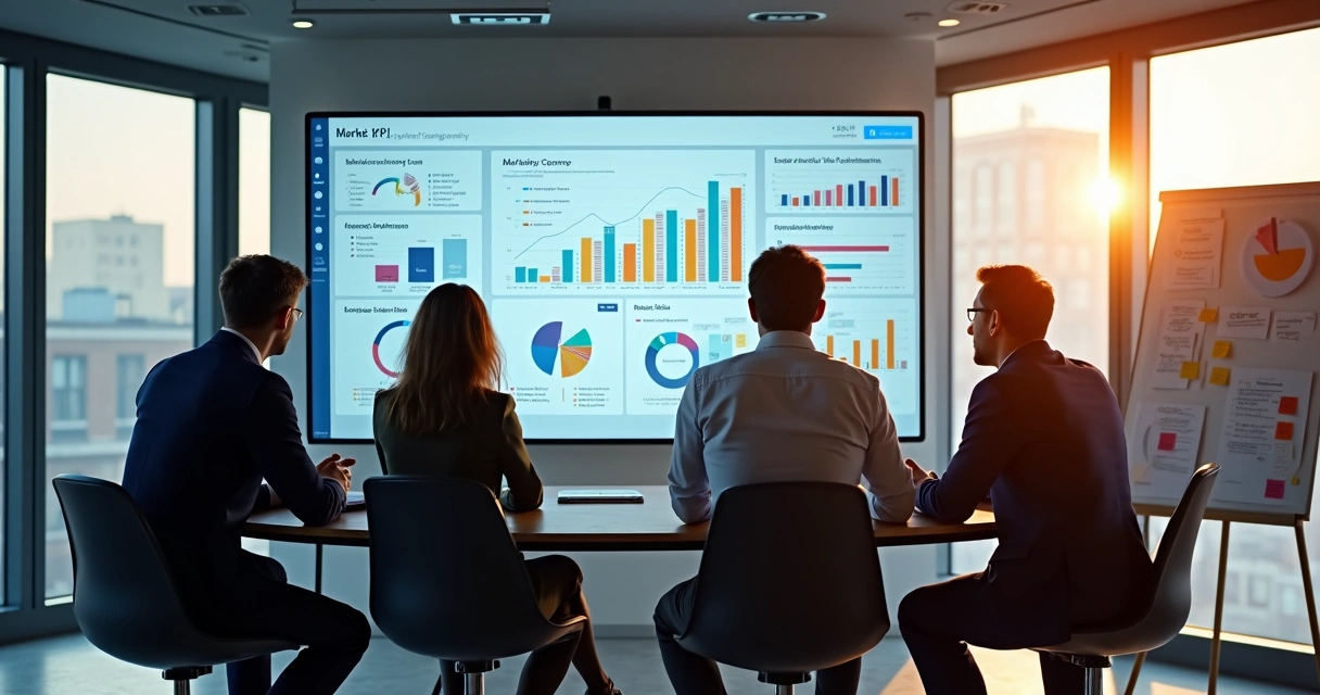 Dashboard com gráficos de marketing em tela grande