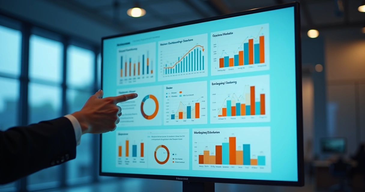 Dashboard digital apresentando resultados de marketing em gráficos 