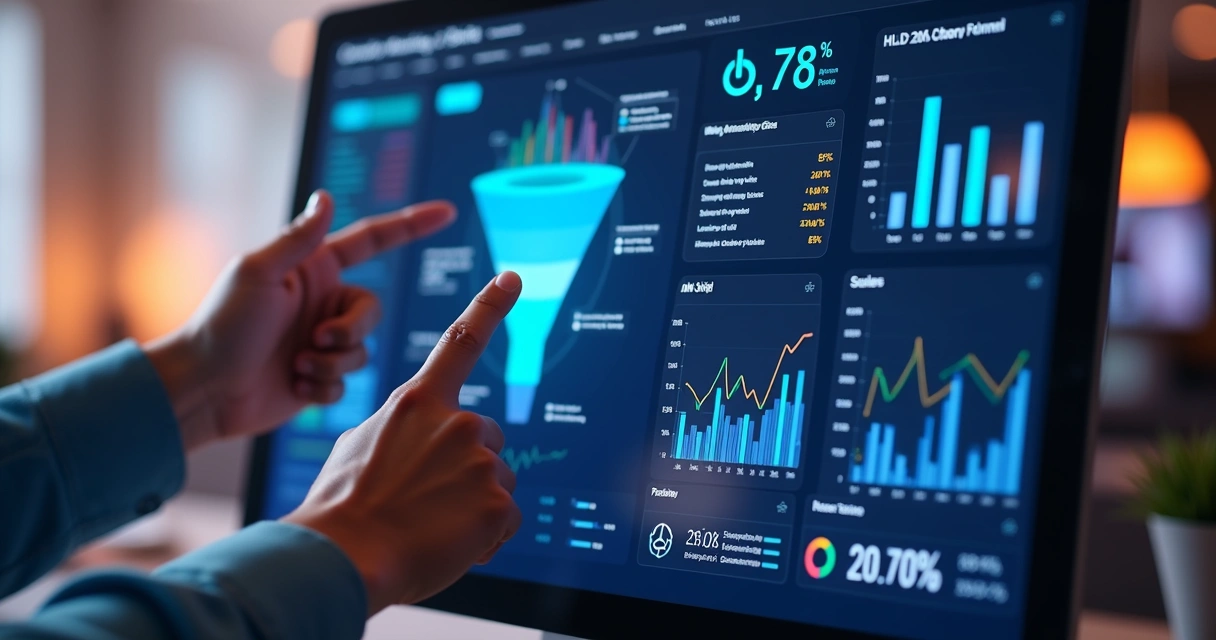 Dashboard de marketing e vendas com gráficos e funil 