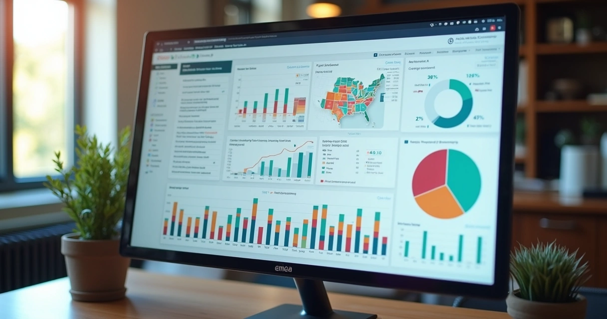 Dashboard colorido apresentando métricas de campanhas ABM e PR em tela widescreen