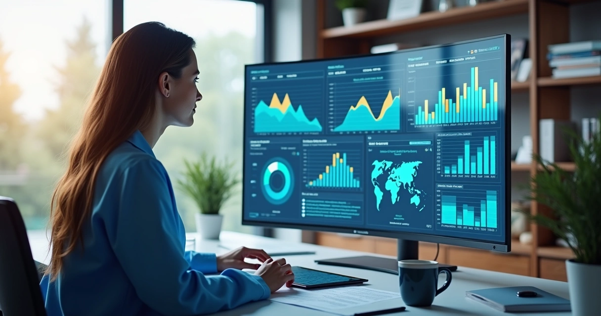 Profissional de saúde analisando dashboards médicos digitais em tela de computador com gráficos e indicadores coloridos 