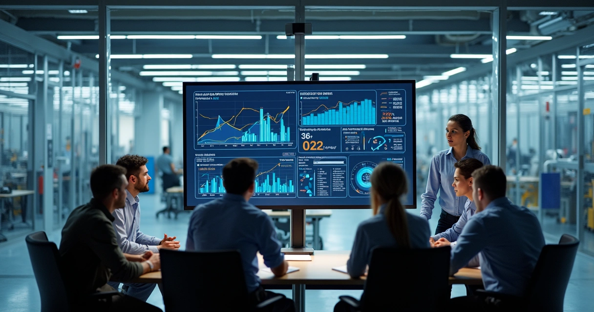 Equipe reunida ao redor de monitor com dashboard de produção industrial 