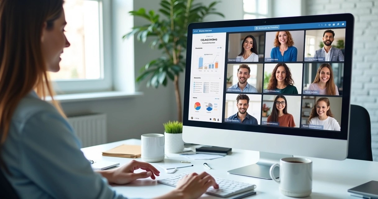 Painel digital mostrando gestão de mentorias e equipes em plataforma online 