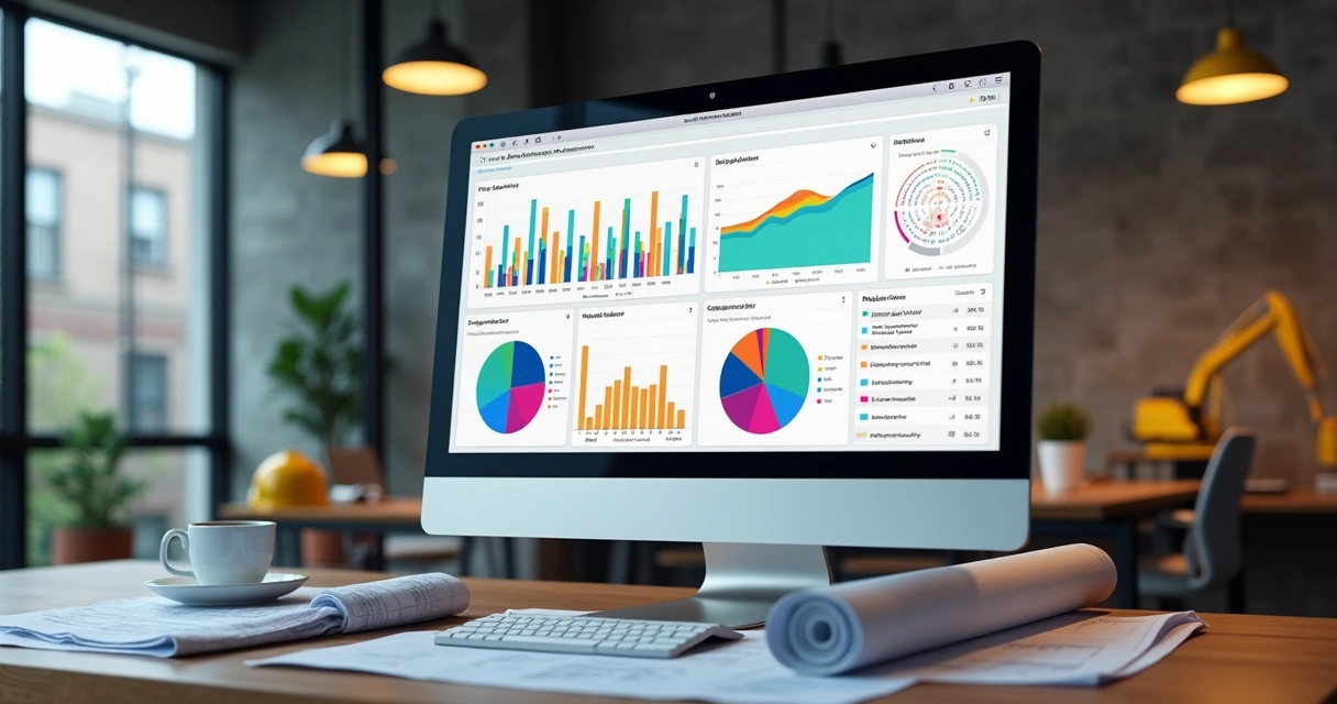 Dashboard do mercado de construção civil com gráficos e dados projetados em tela de computador 