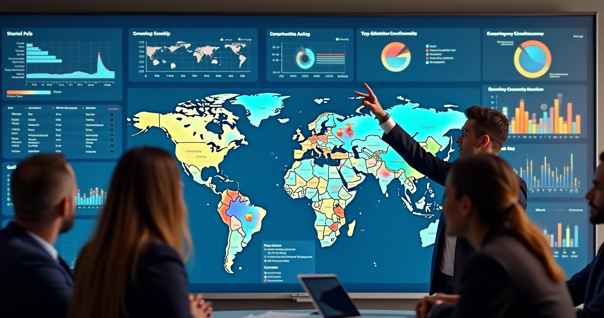 Dashboard digital com gráficos de obras e oportunidades de mercado 