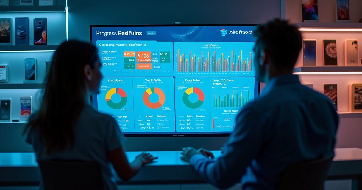 Dashboard digital com gráfico de metas em loja de celular