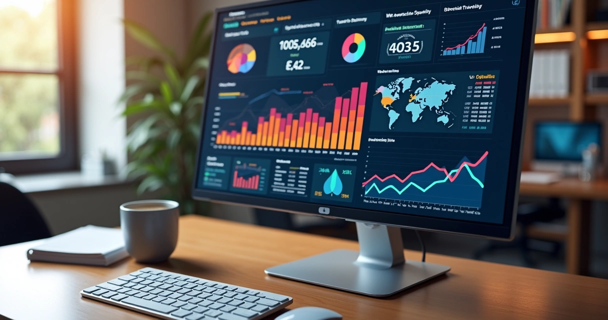 Dashboard digital detalhado mostrando gráficos de desempenho e KPIs de marketing em tela de computador 