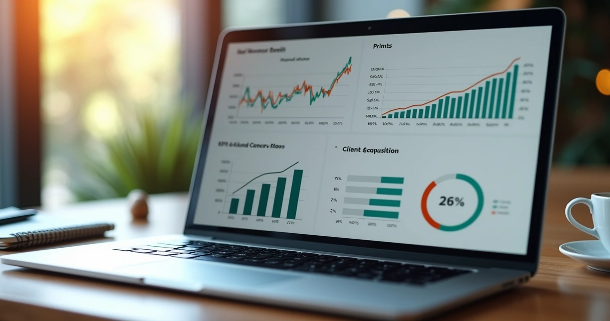 Dashboard de métricas financeiras de agência digital exibido em tela de notebook 