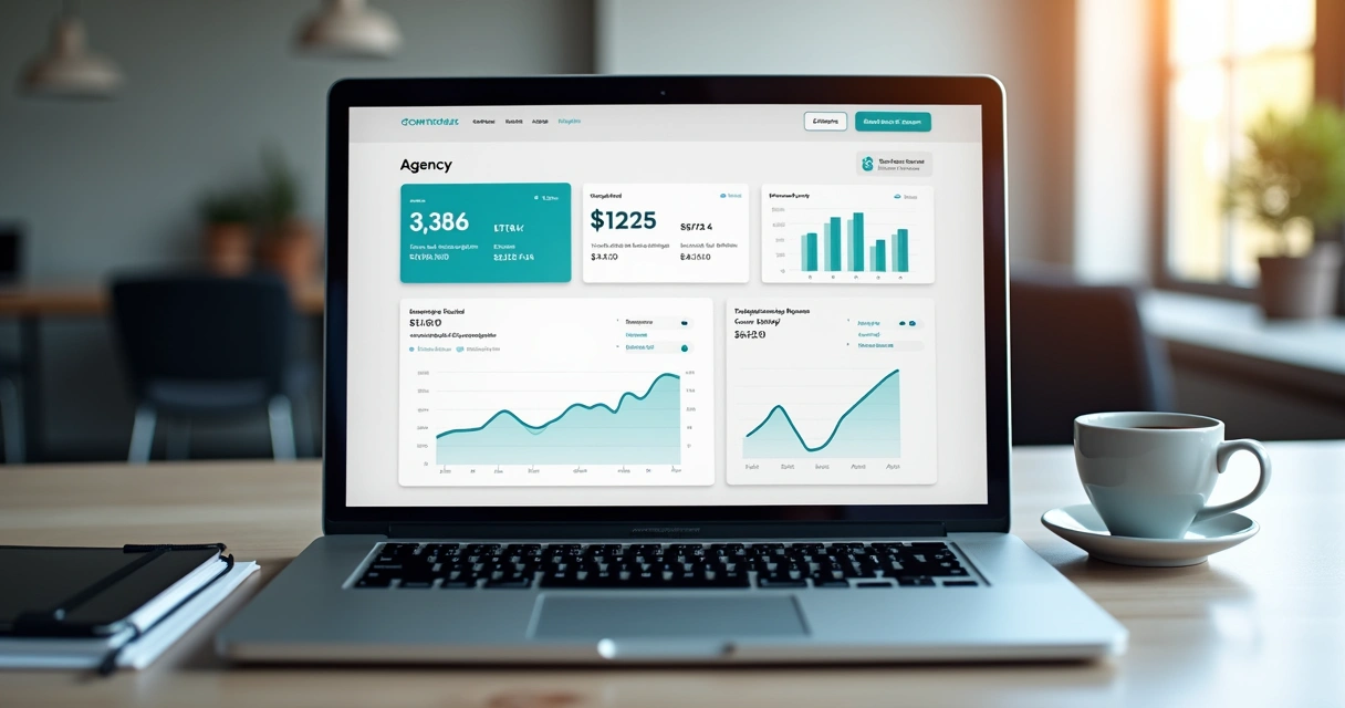 Dashboard de métricas e indicadores de agência digital em laptop