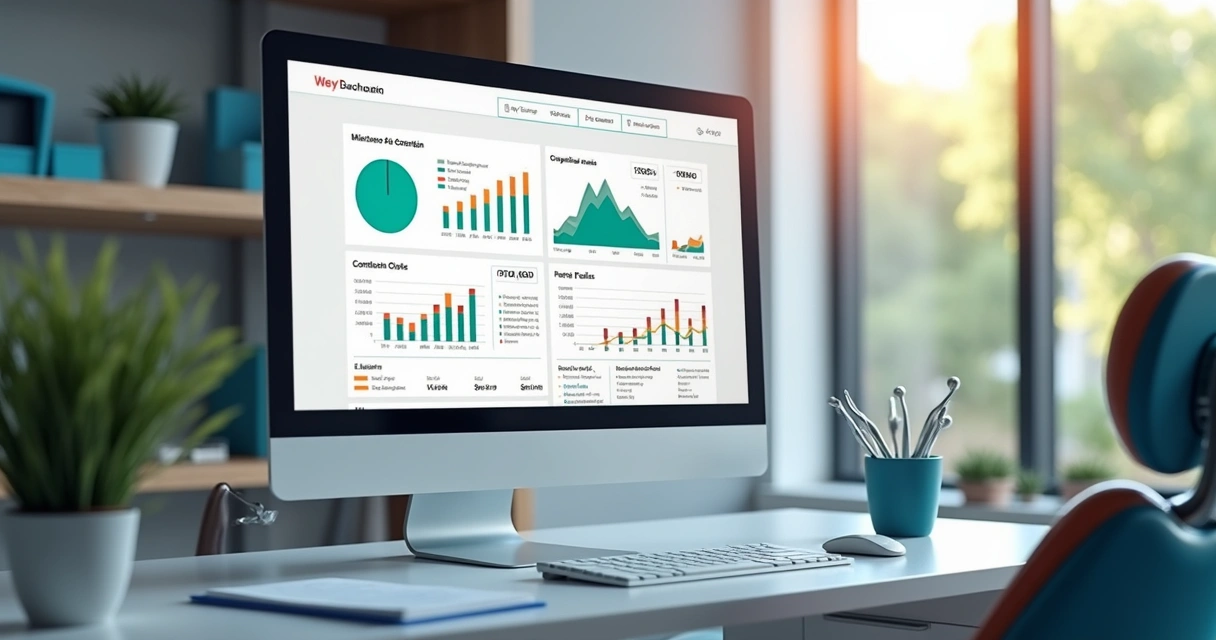 Tela de computador com gráficos de desempenho de campanhas odontológicas 