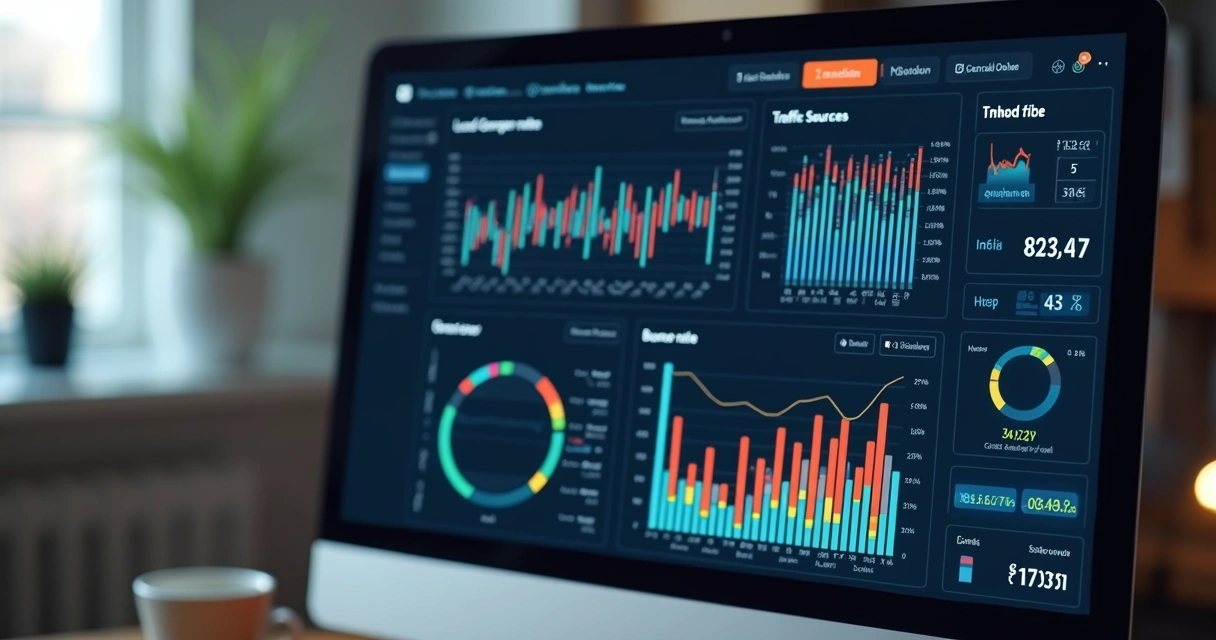 Dashboard colorido com métricas de captação de leads e conversão 