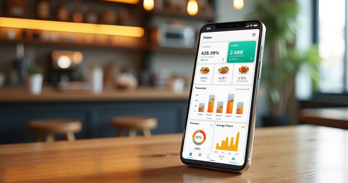 Dashboard digital mostrando métricas de pedidos, gráficos coloridos, e ícones de cardápio no smartphone 