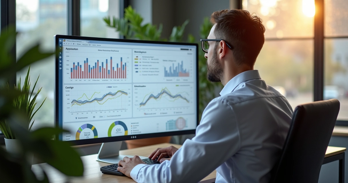 Profissional analisando dashboard de métricas digitais em clínica médica 