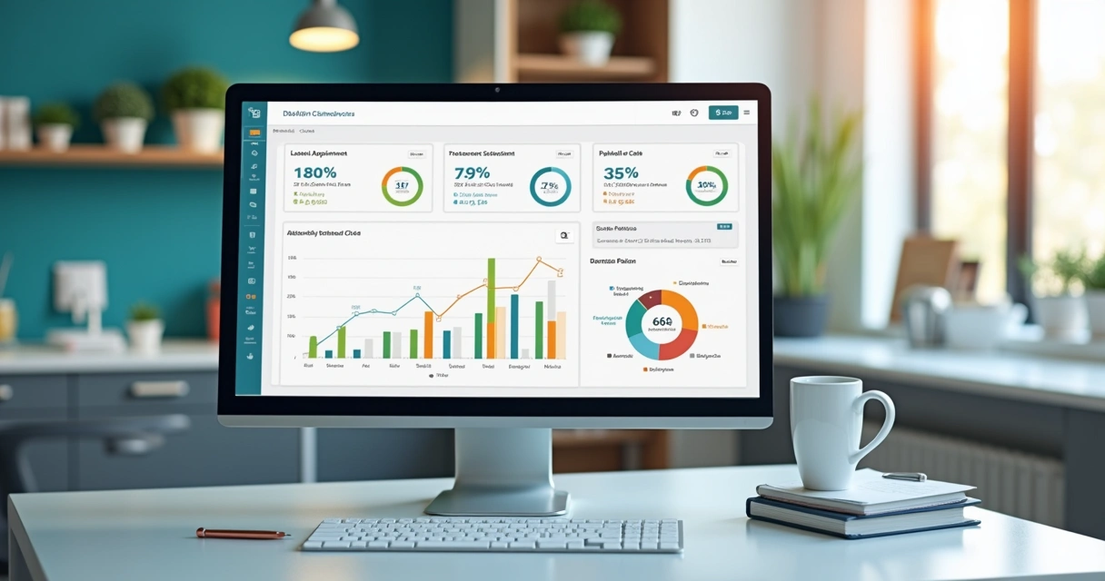 Dashboard com métricas de uma clínica odontológica e gráficos coloridos. 