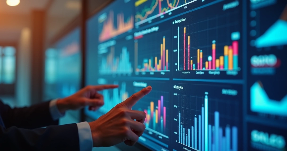 Painel digital de métricas colaborativas em tela grande 