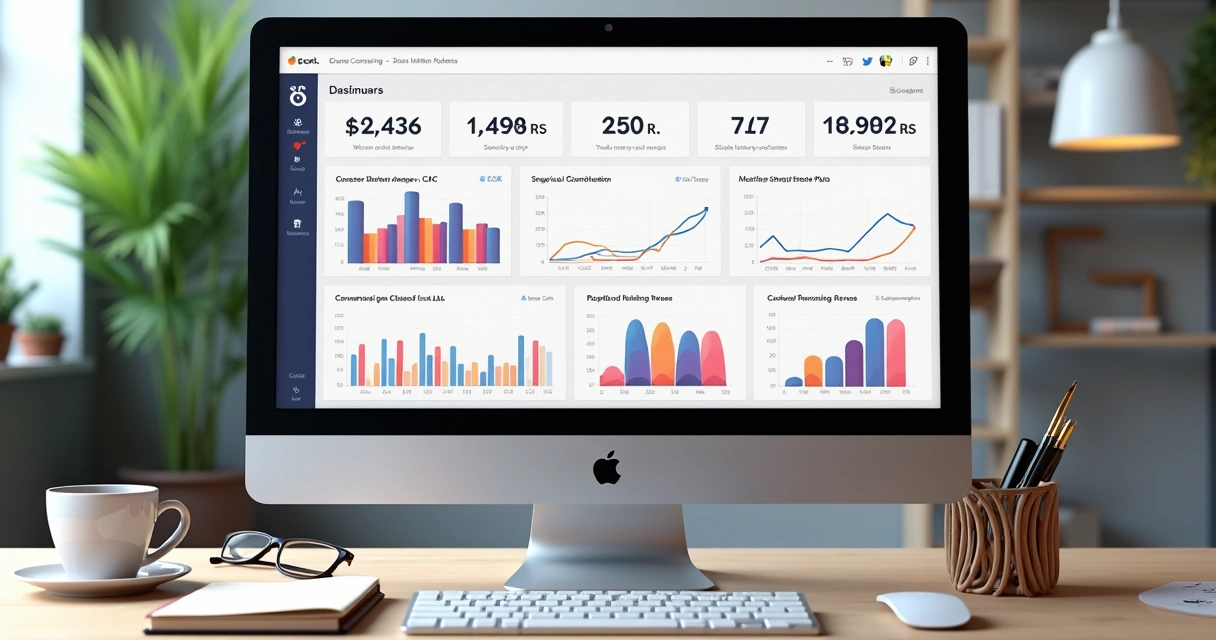 Tela de computador exibindo dashboard de métricas comerciais