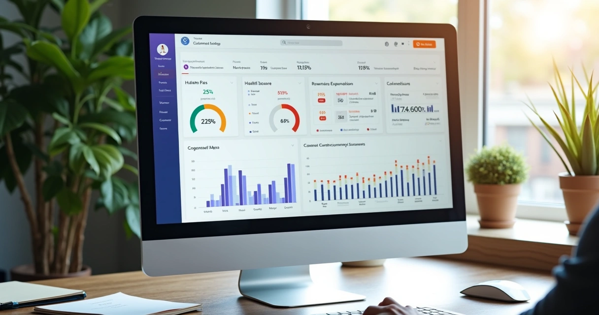 Dashboard com métricas de sucesso do cliente em tela de computador.