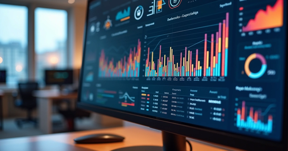 Dashboard de métricas digitais com gráficos coloridos 
