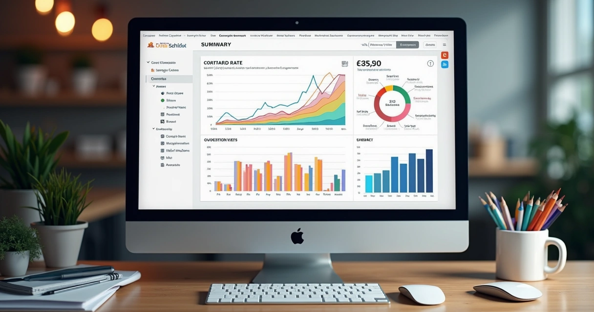 Dashboard de métricas com gráficos de conversão, retorno sobre investimento e engajamento