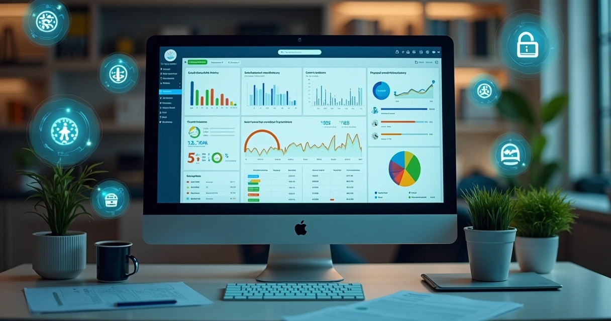 Dashboard com gráficos financeiros e indicadores de e-commerce em tela de computador
