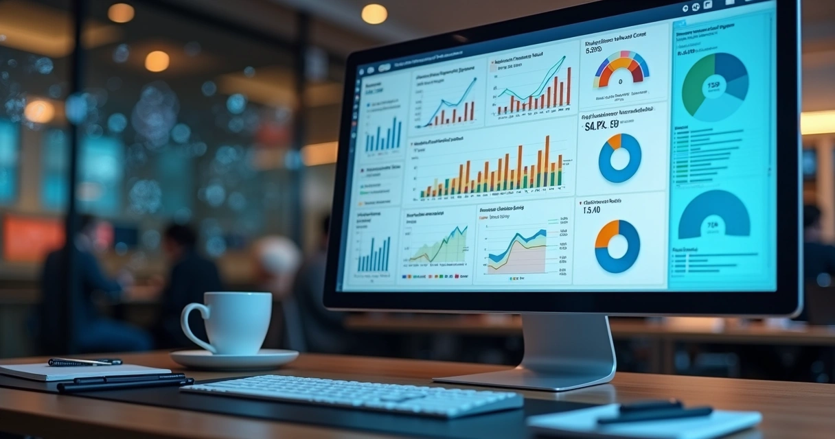 Painel com métricas variadas de e-commerce em tela de computador, gráficos coloridos e números em destaque, ambiente de escritório moderno.