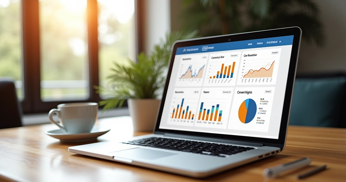 Dashboard com gráficos de métricas de e-commerce em tela de notebook 