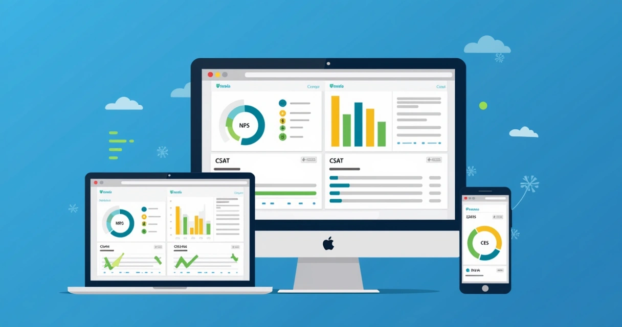 Dashboard digital mostrando gráficos de NPS, CSAT e CES em dispositivos diferentes