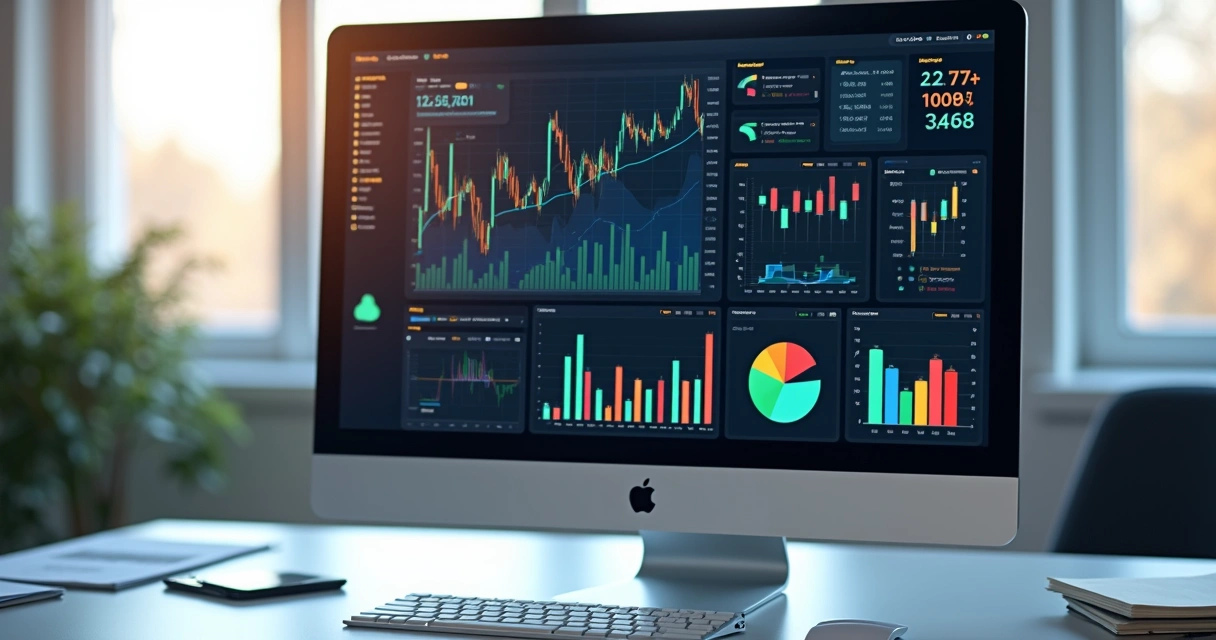 Painel financeiro digital com gráficos, métricas e indicadores coloridos em tela de computador 
