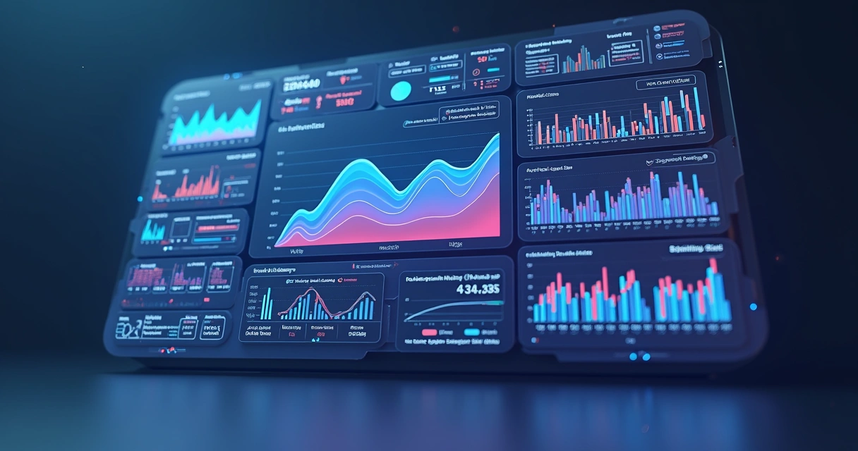 Painel digital com indicadores e gráficos de desempenho de IA 