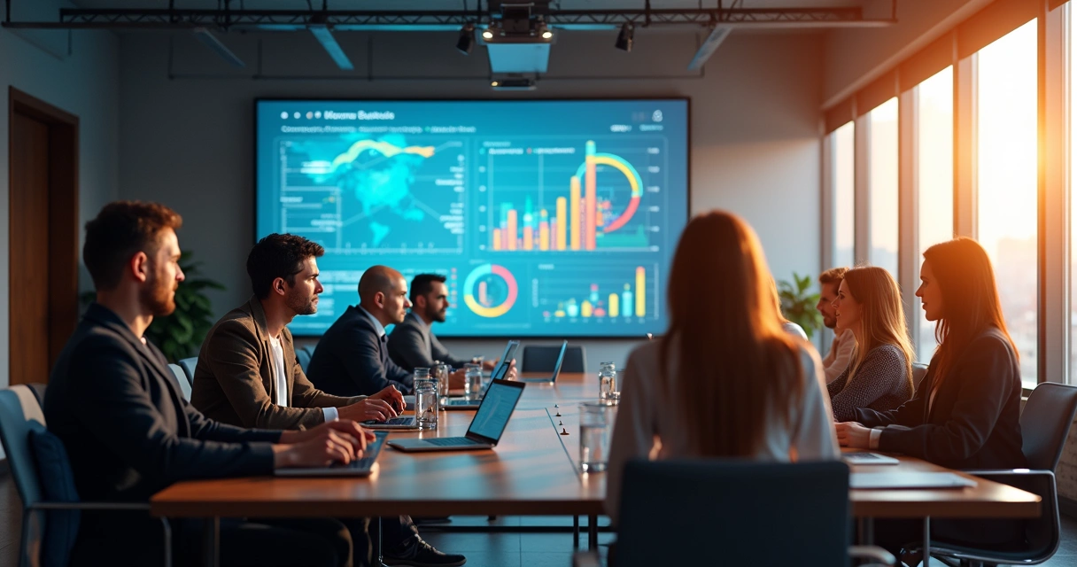 Equipe analisando métricas em painel digital 