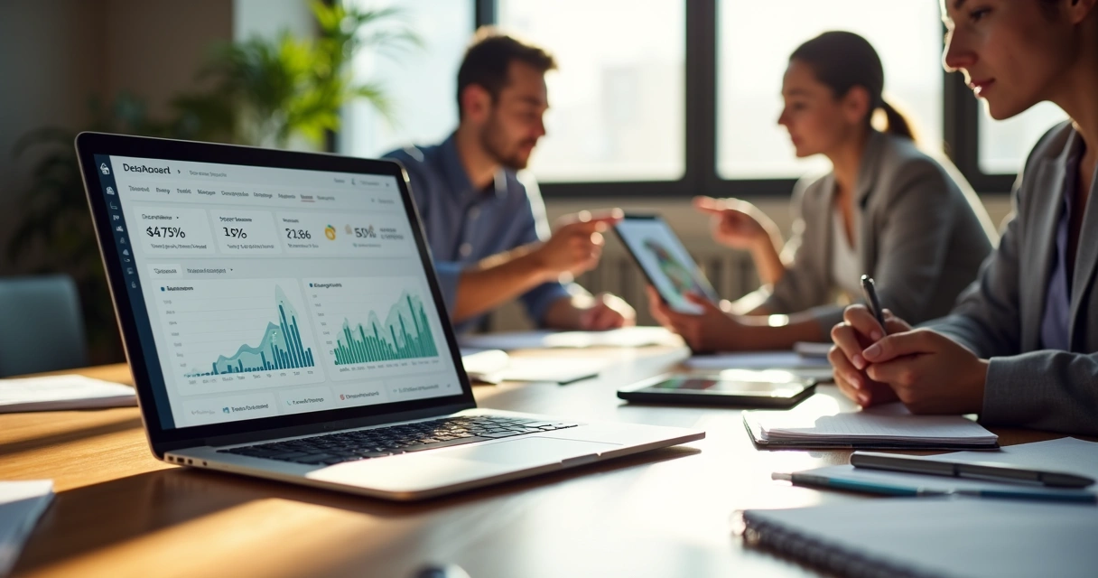 Dashboard com gráficos de métricas de locação na tela de um notebook 