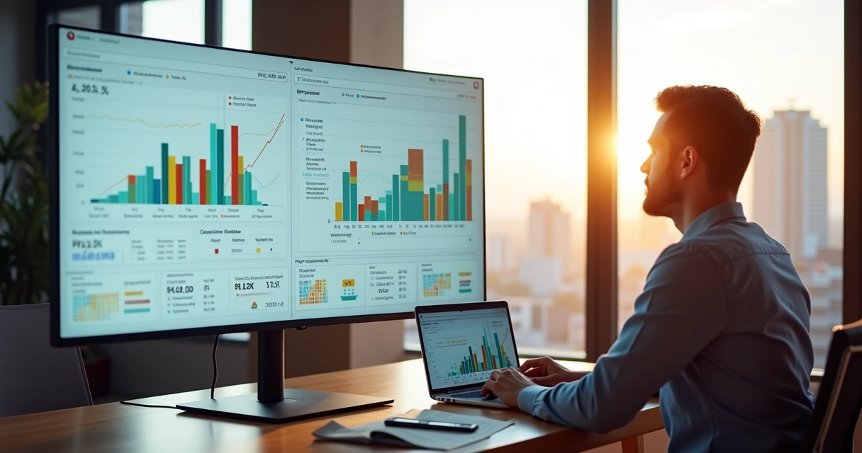 Gestor analisando dashboard de métricas de locação em tela ampla 
