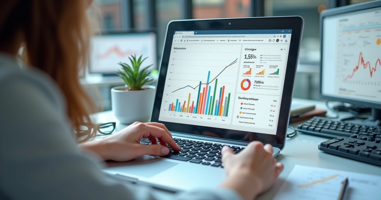 Dashboard com métricas de uma loja online sendo visualizadas na tela de um notebook 
