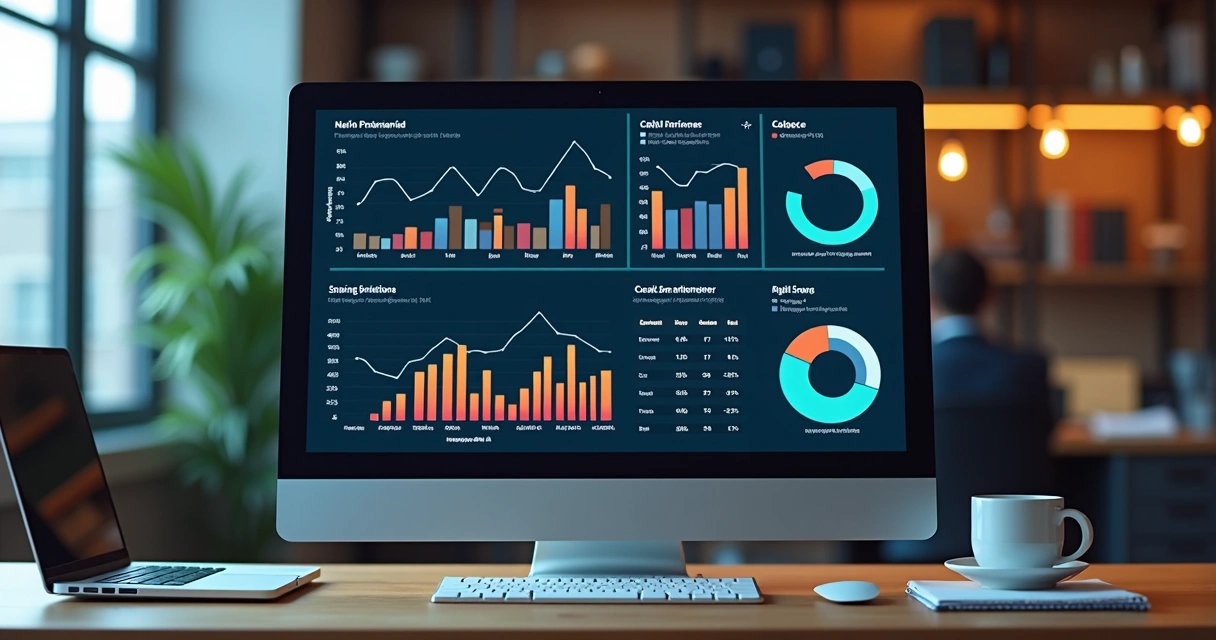 Dashboard digital com gráficos coloridos de desempenho de marketing e indicadores KPI exibidos em tela 