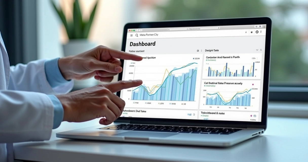 Dashboard de métricas marketing odontológico em tela de notebook 