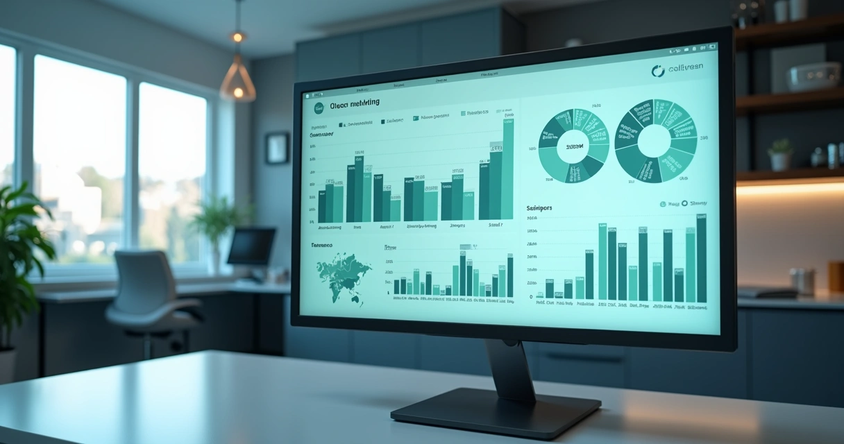 Painel digital mostrando dashboard com métricas principais de marketing odontológico, gráficos simples, indicadores destacados, cores azul e verde, ambiente moderno de consultório. 