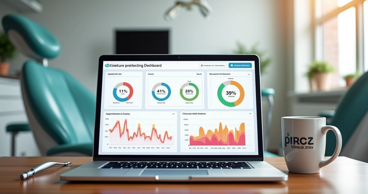 Dashboard de métricas de marketing odontológico em notebook na mesa de dentista 