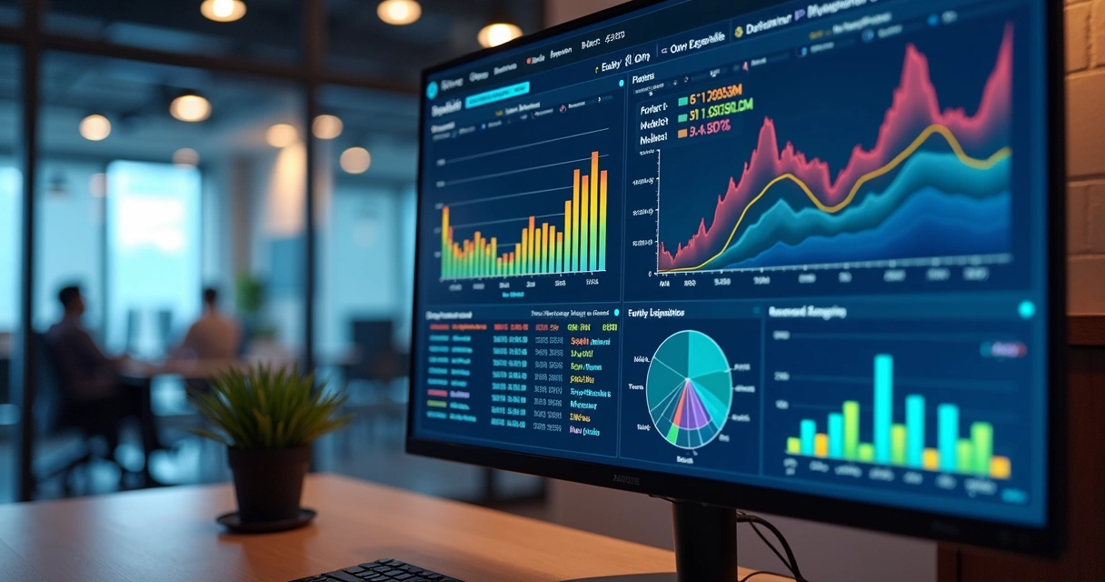 Painel de métricas no-code em uma tela de computador com gráficos coloridos 