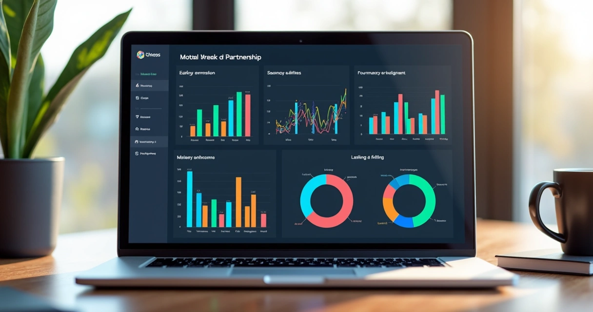 Dashboard colorido com gráficos de desempenho de parcerias de agência 