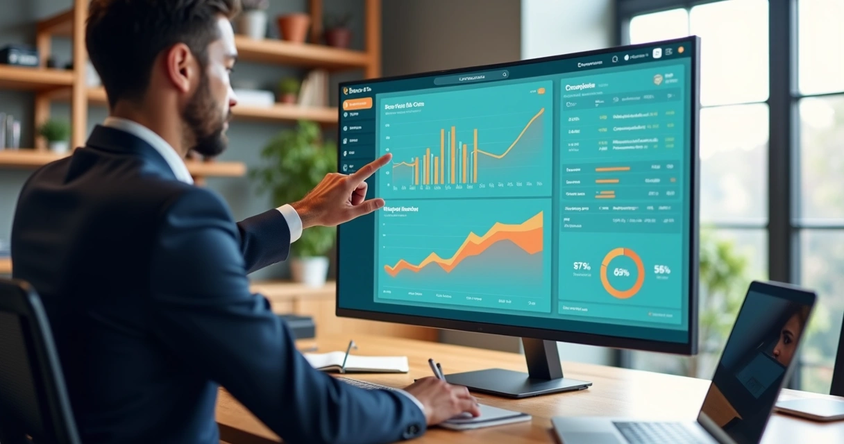 Gestor analisando métricas em dashboard customizado em tela ampla 