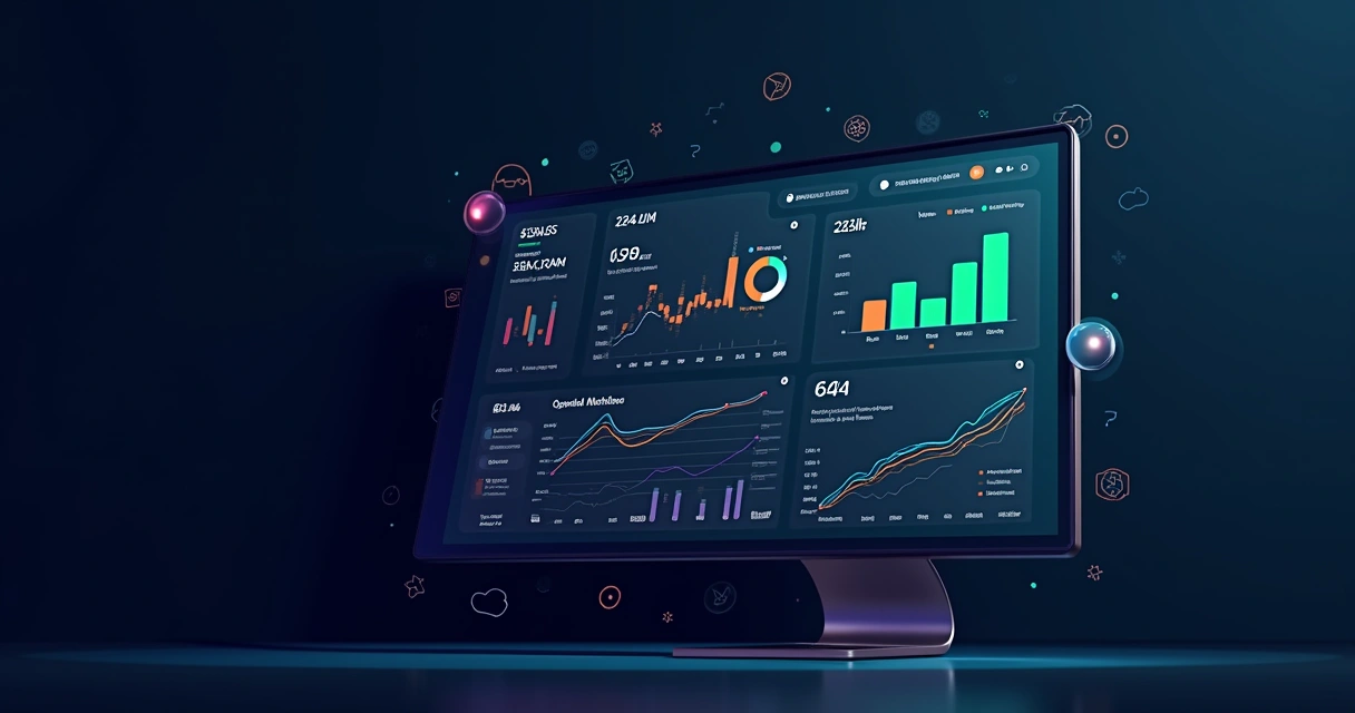 Dashboard digital exibindo gráficos e métricas de desempenho de software SaaS em fundo escuro 